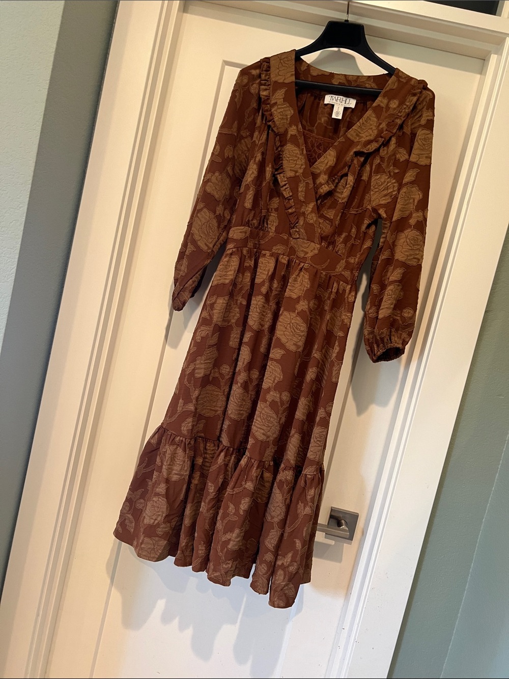 Tiered Rust Floral Midi Dress with Ruffle V-Neck